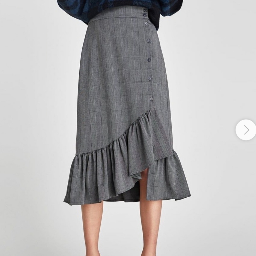 Zara Plaid Asymmetrical Ruffle Tulip Midi Skirt